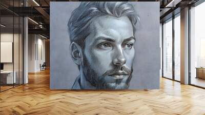 Expressive portrait of a man with a matte grey color palette on a neutral background Wall mural