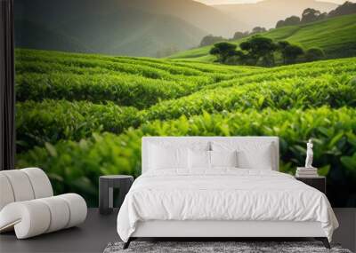 Farm tea plant field leaf plantation close up wallpaper background Wall mural