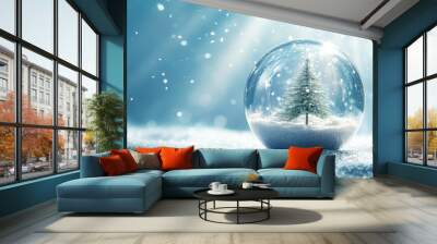 Festive empty glass transparent ball with Christmas tree inside on it. Blue background with white snowflakes and rays of light. Copy space Wall mural