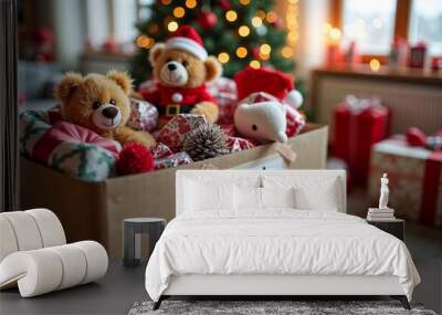 Festively decorated cardboard box filled with teddy bears and toys for a holiday toy drive Wall mural