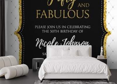 Fifty and Fabulous. Birthday party vector printable invitation card with golden glitter elements. Wall mural