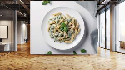 penne with spinach gorgonzola sauce top view, generativ ai Wall mural