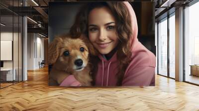 Positive curly girl posing with a dog hugging a pet, in a pink hoodie in a room, natural light, Wall mural