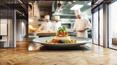 Food dish plate on table in restaurant kitchen and chefs on background  Wall mural