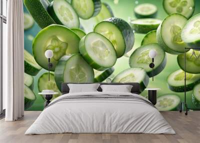 Fresh cucumber slices falling with water droplets on a green background Wall mural