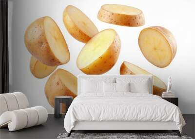 Fresh raw potato slices flying against a white background. Generative AI Wall mural