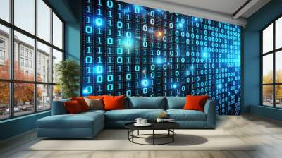 Futuristic binary code pattern with luminous elements on a dark background. Generative AI Wall mural