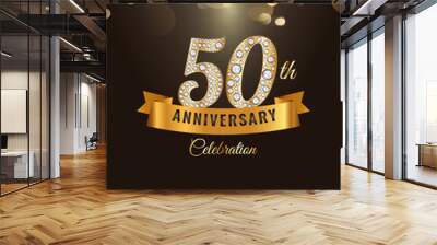 Celebration of the 50th anniversary. Design with a gold ribbon and a number in diamonds. The concept of the golden text.  Illustration of a vector template for festive events, postcards, invitations. Wall mural