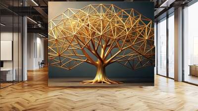 Geometric tree sculpture in shimmering gold tones displayed in a modern gallery. Generative AI Wall mural