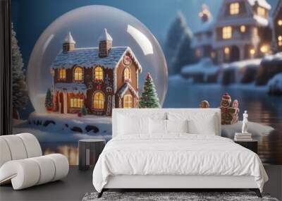 Gingerbread house inside a snow globe, with gingerbread figures on a snowy surface, festive scene, holiday concept with cozy lighting Wall mural