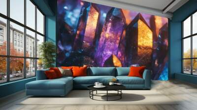 Glowing colorful magic gemstone shining sparkles crystals composition background 
 Wall mural