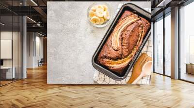 Gluten free, dairy free banana bread on light concrete background. Selective focus, space for text. Wall mural