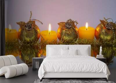 Golden Christmas balls and candlelight. Place for text Wall mural