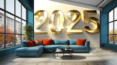 Golden numbers 2025 on a white table with Christmas trees and bokeh lights. Happy New Year 2025 is coming concept. Wall mural