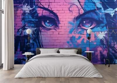 Graffiti woman portrait drawing on brick wall composition background Wall mural