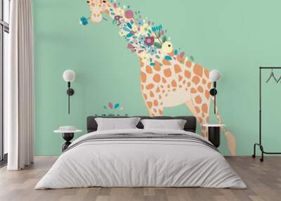 Giraffe flat hand drawn vector characters. Cute african animal cartoon character. A poster with a cute giraffe and flowers. Zoo, safari mammal. Kid book, t-shirt, travel postcard design. Vector Wall mural