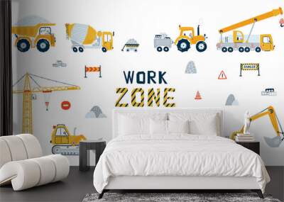 Set construction vehicle isolated on white background. Illustration with yellow cars truck, bulldozer and concrete mixer. Kids cars for design of children's rooms, clothing, textiles. Vector Wall mural