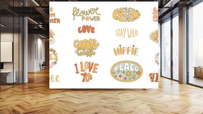 Set lettering stickers retro 70s. Psychedelic groove elements. Funny illustrations with word Love, Flower, Peace in flat style. Positive and peace symbols in vintage style. Vector Wall mural