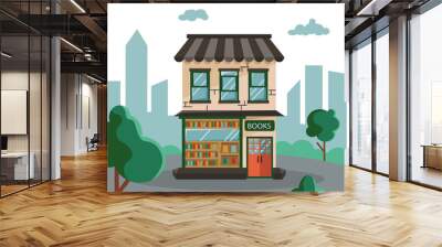 Urban landscape with bookstore window. Facade store building in flat style. Urban small shop isolated on white background. Vector illustration Wall mural