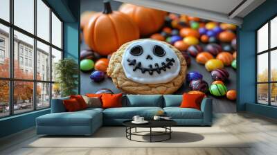 Halloween cookies and candies on a wooden table, closeup Wall mural