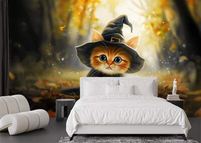 Halloween greeting card with cute black cat in witch hat on autumn background. Autumn greeting card. Halloween cartoon character Wall mural