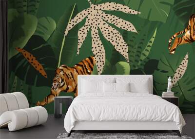 Hand drawn abstract jungle pattern with tigers. Creative collage contemporary seamless pattern. Natural colors. Fashionable template for design. Wall mural