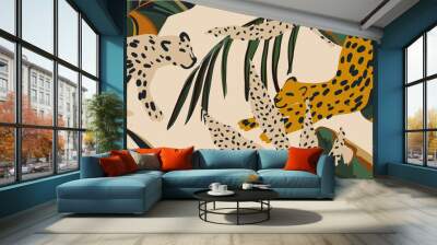 Hand drawn abstract pattern with leopards. Creative collage contemporary seamless pattern. Natural colors. Fashionable template for design. Wall mural