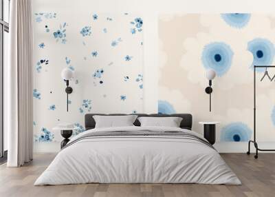 Hand drawn bright blue simple abstract floral print. Minimalist trendy pattern set. Fashionable template for design. Wall mural