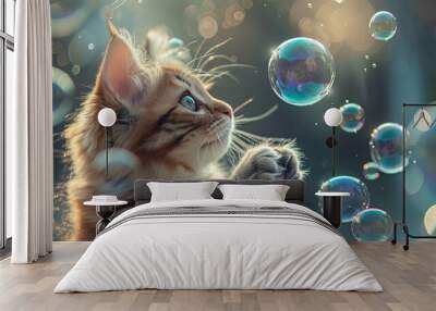 Happy cat pet catching soap bubble outside garden wallpaper background Wall mural