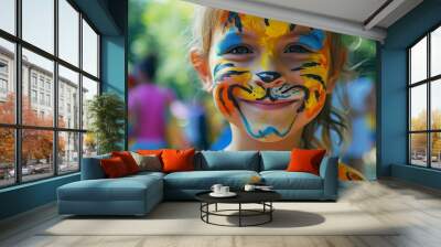 Happy children with painted face as jungle animals in amusement summer park wallpaper background Wall mural