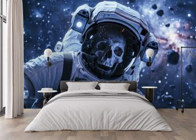 Human skeleton skull in spacesuit astronaut flying in space wallpaper background Wall mural