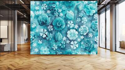 Bright turquoise teal blue floral seamless pattern. Watercolor painting abstract flowers on textured background. Template for design, textile, wallpaper, bedding, ceramics. Wall mural