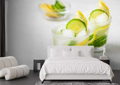 Infused water lemon cucumber summer drinks. Space for text. Wall mural