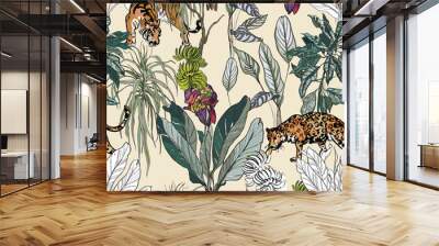 Isolated Tropical Elements Plants and Animals Tiger, Leopard, Banana Palm  Exotic Plants  in Rainforest, Hand Drawn Illustration Wall mural