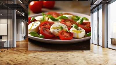 Italian Caprese salad with sliced tomatoes, mozzarella cheese, basil, olive oil on light background. Vegetarian food Generative AI Wall mural