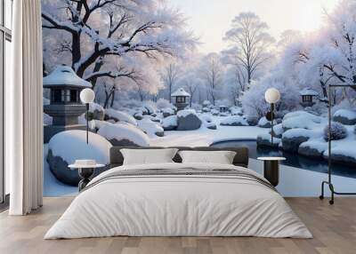 Japanese-style winter landscape with snow-covered bonsai trees and stone lanterns, illuminated by soft sunlight for a tranquil setting Wall mural