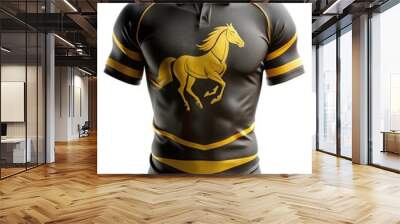 Kazakhstan rugby club uniform featuring a black design with a golden horse emblem. Generative AI Wall mural