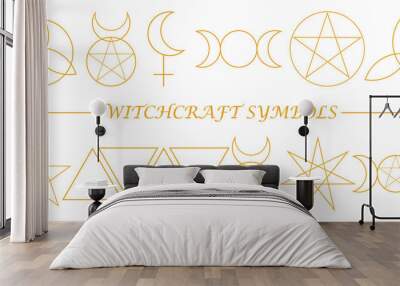 Set of witchcraft symbols. Isolated pagan symbols in golden color on white background. Protective amulets for witches. Line art. Esoteric, sacred geometry. Alchemy tattoos. Vector illustration Wall mural