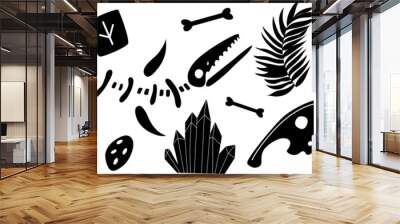 Dinosaur skeleton and fossils. Dinosaur bones, rocks, footprints, plants and eggs. Black and white illustration Wall mural