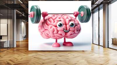 3D cartoon brain character lifting a heavy barbell, concept for brain training and mental health care Wall mural