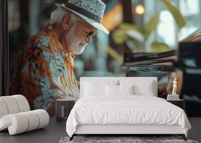 A refined elderly man wearing a stylish hat plays a grand piano in a sunlit room, eyes closed, immersed in the music Wall mural