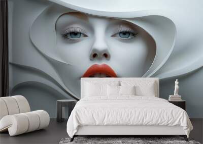 A stylized face with smooth white contours, featuring striking blue eyes and bold orange lips, set against a minimalist background Wall mural