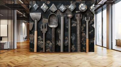 An abstract background featuring neatly arranged diamond mining tools, including pickaxes and shovels, alongside decorative diamond shapes Wall mural