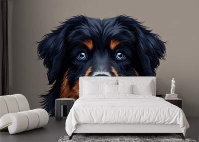 Cartoon style dog with sky blue eyes and black fur with brown patches Wall mural