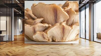 Close-up of a maitake mushroom with frilly edges and layered structure on a white background, featuring empty space for text Wall mural