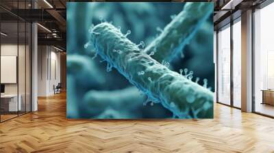 Close-up view of microscopic bacteria with a light gentle background, showcasing fine details and textures Wall mural