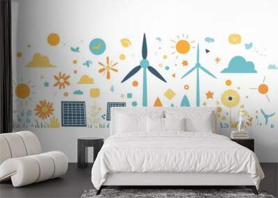 Flat design illustration of eco-friendly energy concept featuring wind turbines, solar panels, and nature elements Wall mural