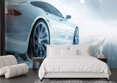 Luxury sports car in motion on a modern futuristic blue background with light effects Wall mural