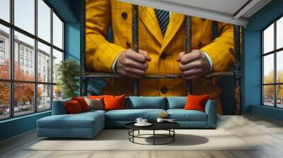 Man in a vibrant yellow suit gripping the bars of a prison cell, the bright color clashing with the bleak surroundings Wall mural