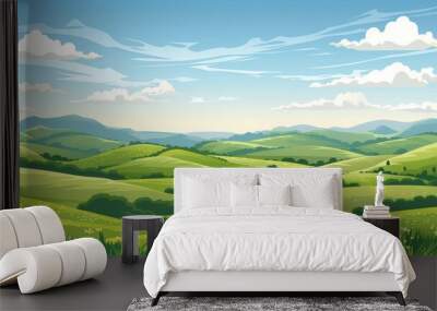 Minimalist landscape with green hills, blue sky, and clouds Wall mural